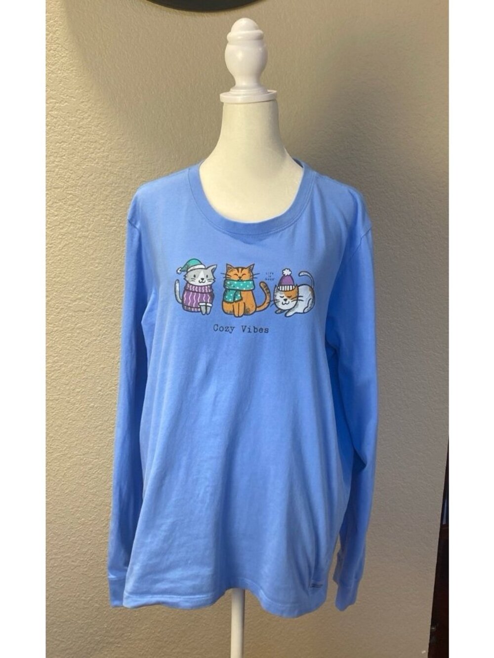 Life Is Good Blue V-Neck Long Sleeve 100% Cotton Cat Graphics Top Size X Large